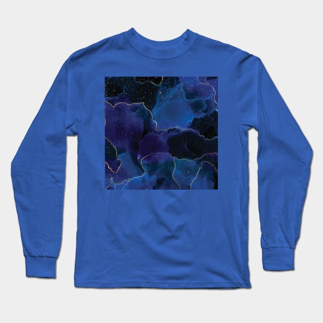 Blue and gold marble abstract patern Long Sleeve T-Shirt by laverdeden